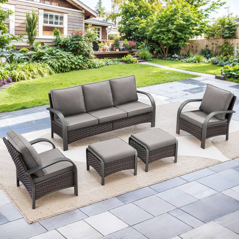 Pocassy Outdoor Patio Furniture Set - Brown Rattan - Grey Cushion - 5PCS Sofa Patio Chair with Ottoman