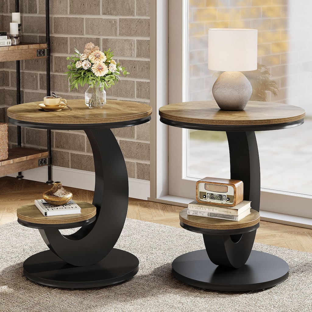 Round End Table Set of 2, Side Table with Storage Shelf, Sofa Side Bedside Nightstand for Small Spaces, Living Room, Bedroom