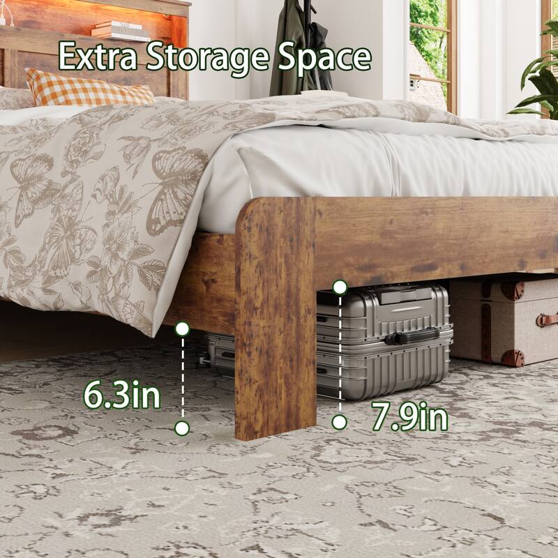 Bed Frame Queen Size, Wood Platform Bed Frame with Storage LED Light Headboard and 2 USB, Noise Free, Large Under Bed Storage