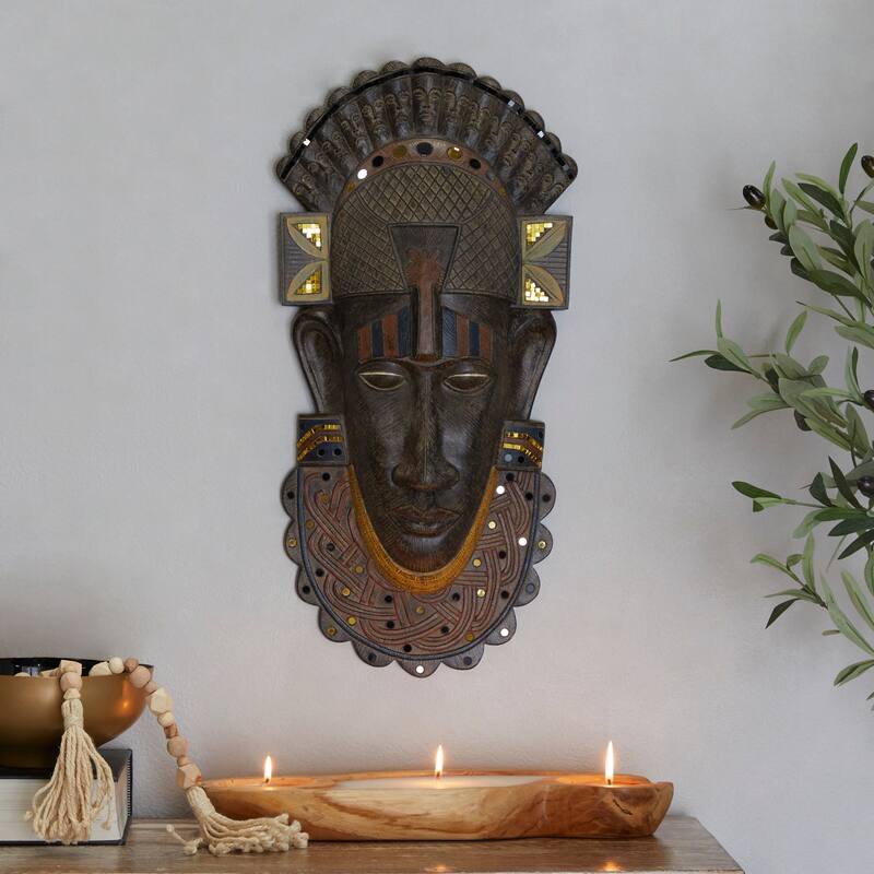 Brown Polystone Primitive African Mask and Standing African Woman Sculpture Wall Decor