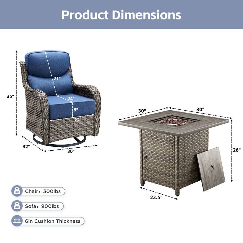 Arcadia 5-Piece Patio Conversation Set with 4 Swivel Glider Chairs and Wicker Square Fire Pit