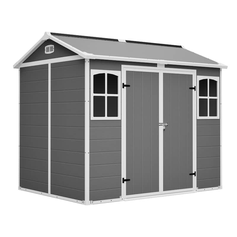 GDFStudio - Large Plastic Utility Shed with Floor & Lockable Doors for Easy Access, Storage for Garden Tools & Trash Bins - Grey
