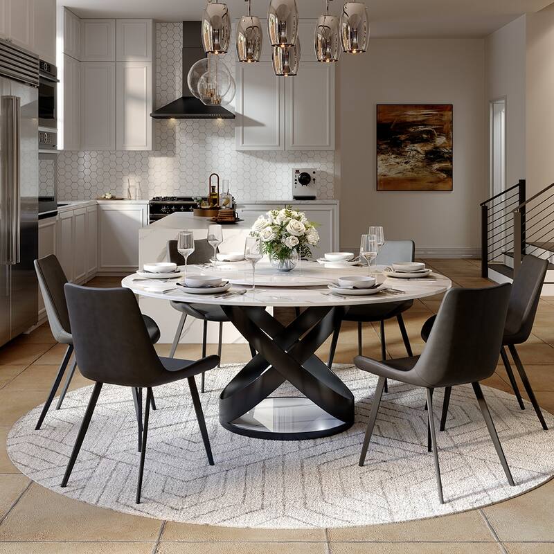Modern Dining Table Sets, Round Glossy Sintered Stone Dining Table with Dining Chairs