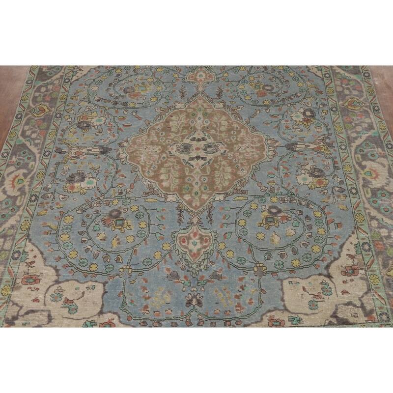 Light Blue Floral Tabriz Persian Rug Oriental Handmade Wool Carpet - 6'7"x 9'2"