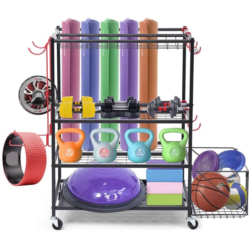 Outdoor Toy Storage, Garage Organization, Sports Equipment Organizer, Yoga Mat Storage with Hooks and Basket - 4-Layer