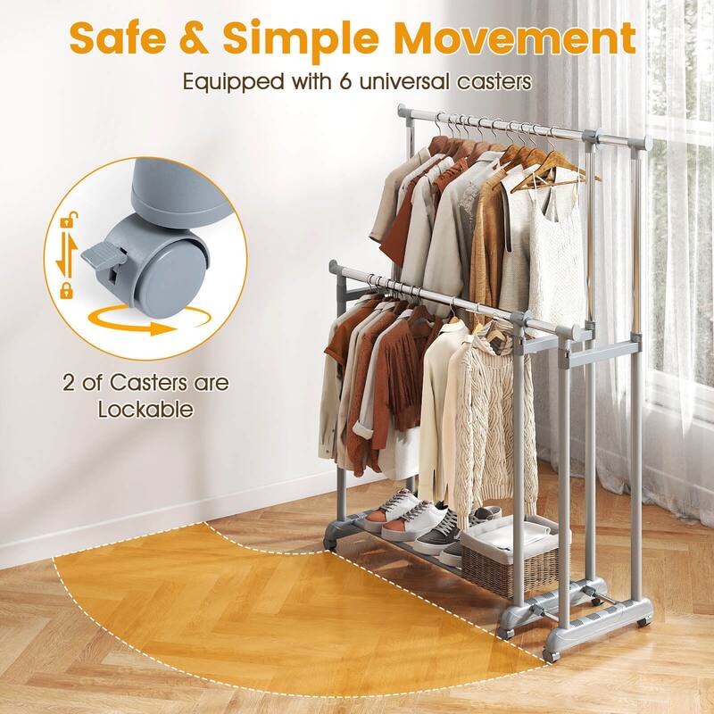 Costway Double Rod Clothes Rack with Extendable Height & Width for - Silver - See Details