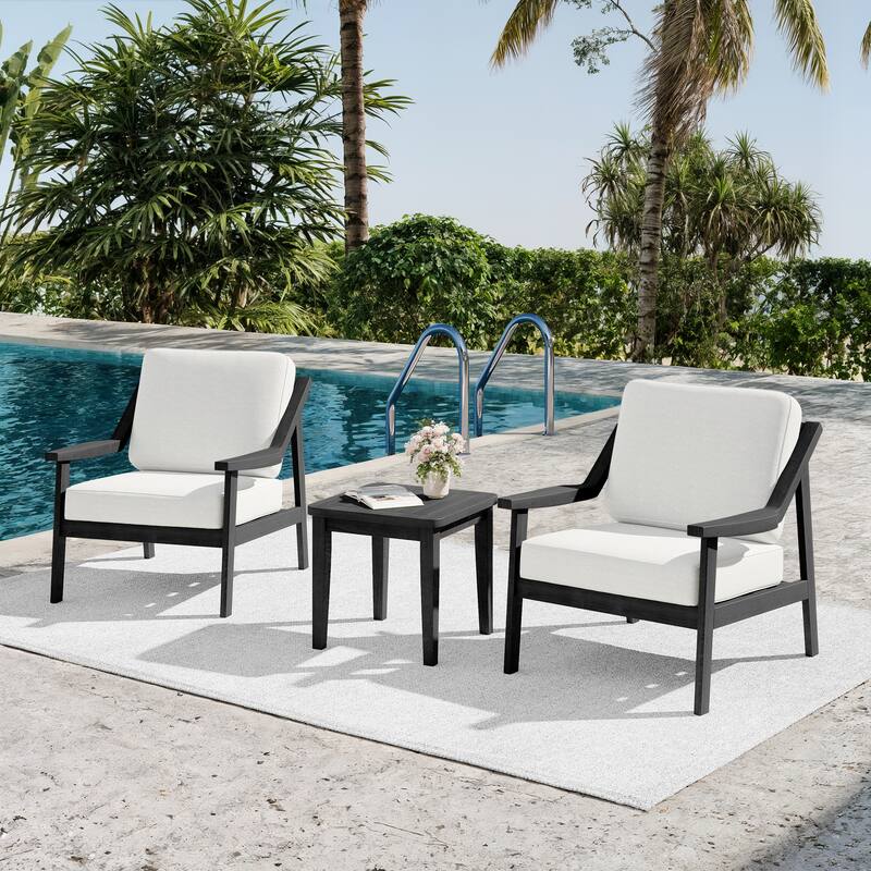 3-piece Teak Modern Cushioned Club Chairs Set Patio Bistro Set - BlackFrame-Beige