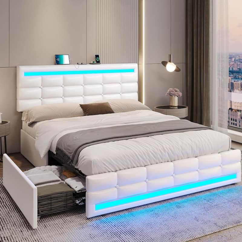 LED Bed Frame Platform Bed 2 USB Ports 4 Storage Drawers - White - Queen
