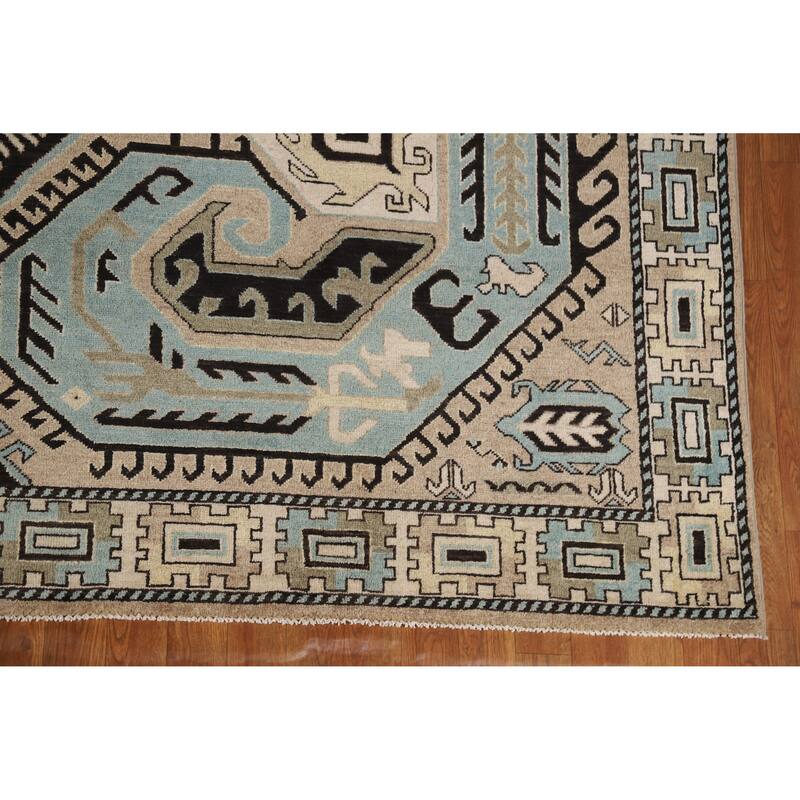 Hand Knotted Oriental 100% Wool Carpet Traditional Medallion Black Kazak Area Rug - 9' 7'' X 8' 2''