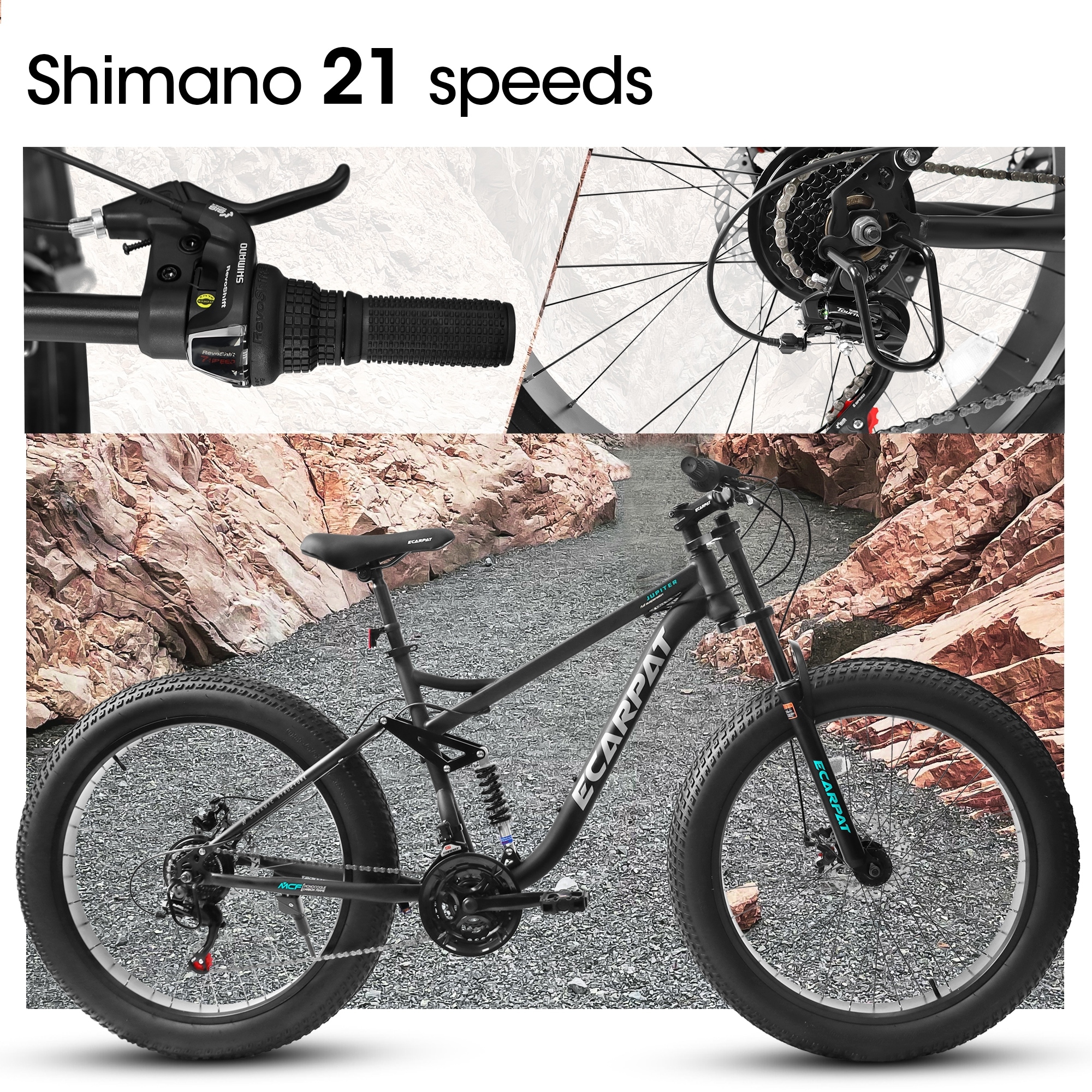 26 Inch Full Suspension Fat Tire Mountain Bike with 21 Speed, Steel Frame 4 Inch Tires for Men and Women