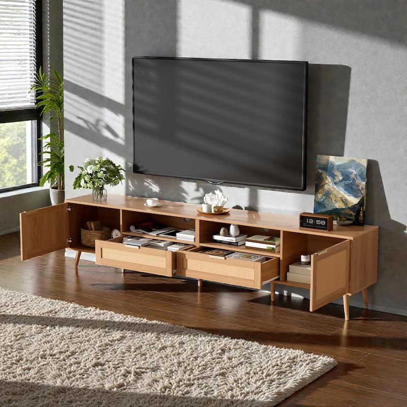 86.6" Rattan TV Stand for TVs up to 90 Inch, Modern Farmhouse Media Console with Solid Wood Legs and Storage