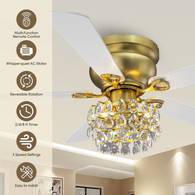 48-inch Modern Brass Crystal Low Profile Chandelier Ceiling Fan with Light and Remote Control - 48"Wx15.1"H