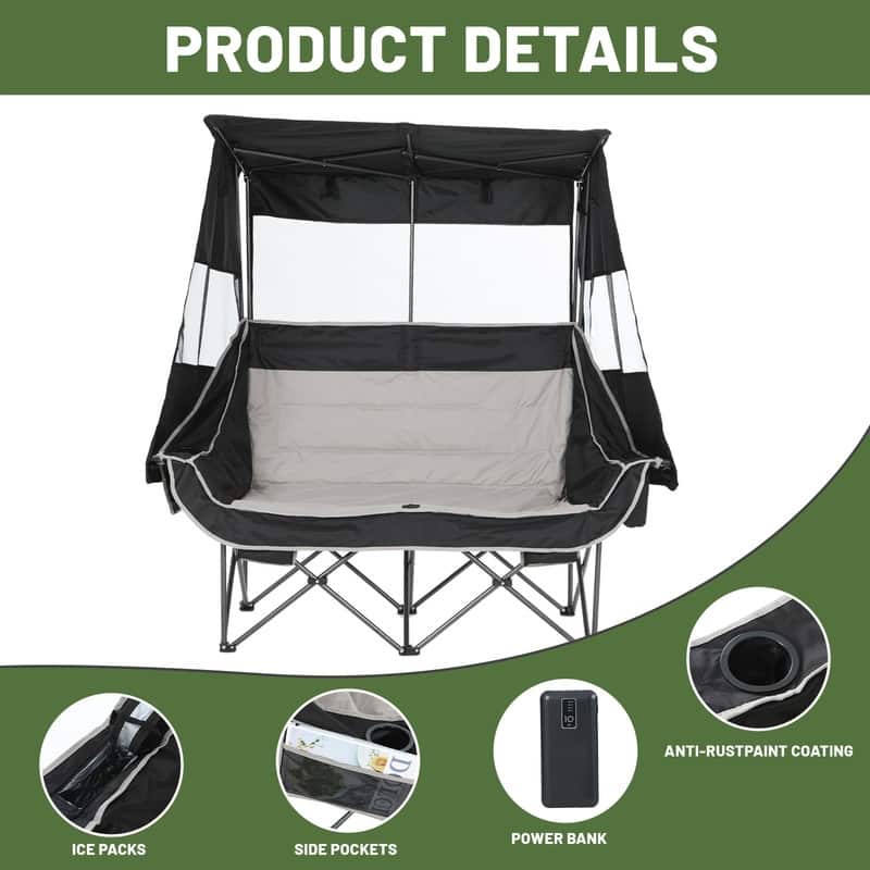 Double Folding Camping Loveseat with Canopy, Cooler, Cup Holders & Storage for Outdoor Activities