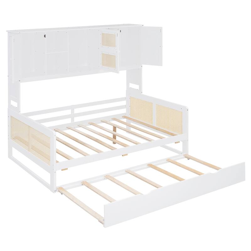 Wood Full Size Daybed with Built-In Storage Cabinet, Shelves & Twin Trundle, Rattan Accent, No Box Spring Needed