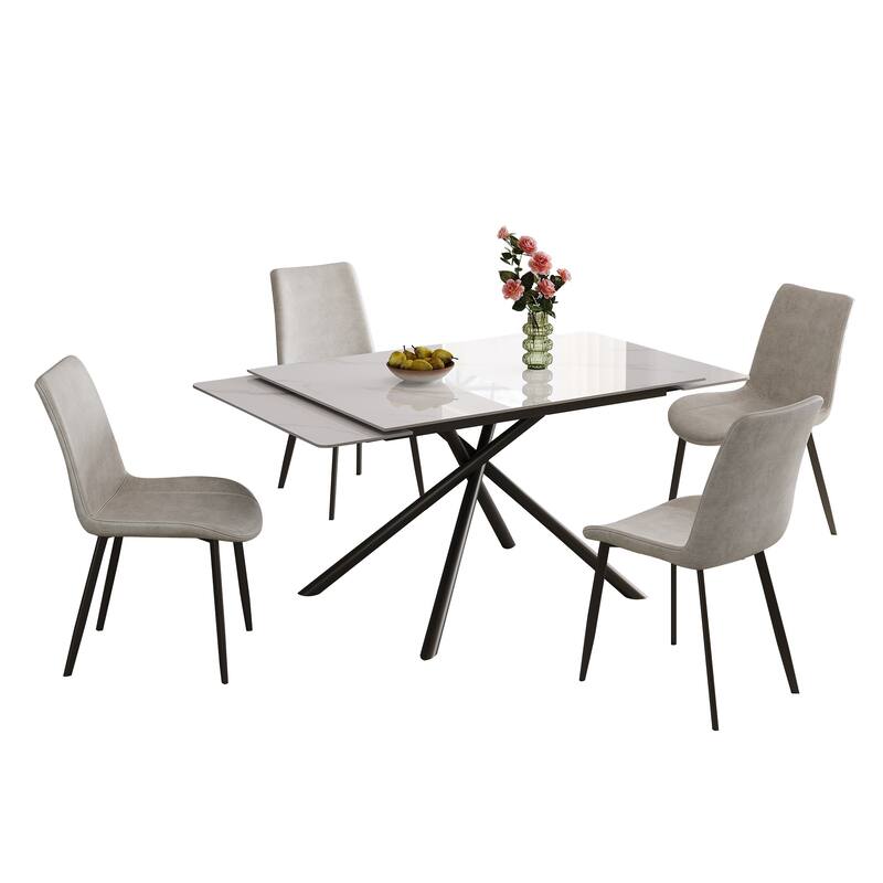 Retractable Sintered Stone Dining Table Set,with steel legs and a cross-leg structure at the bottom(Table + 4 Chairs)