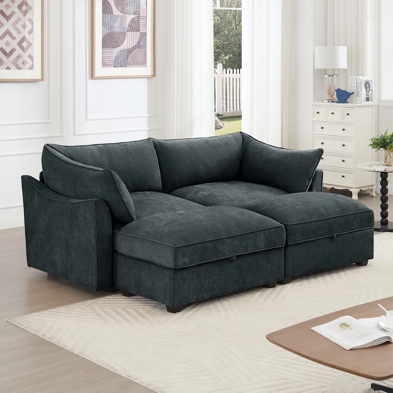 2-Seater Loveseat with 2 Movable Ottoman & Pull out Storage Drawer Under