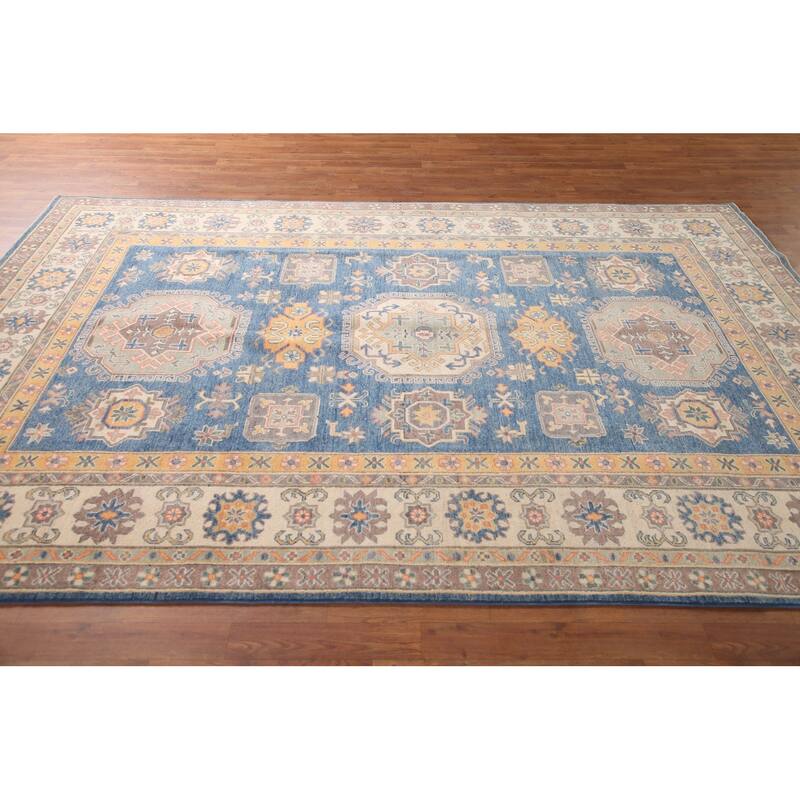 Geometric Blue Kazak Living Room Area Rug Hand-Knotted Wool Carpet - 6'8" x 9'9"
