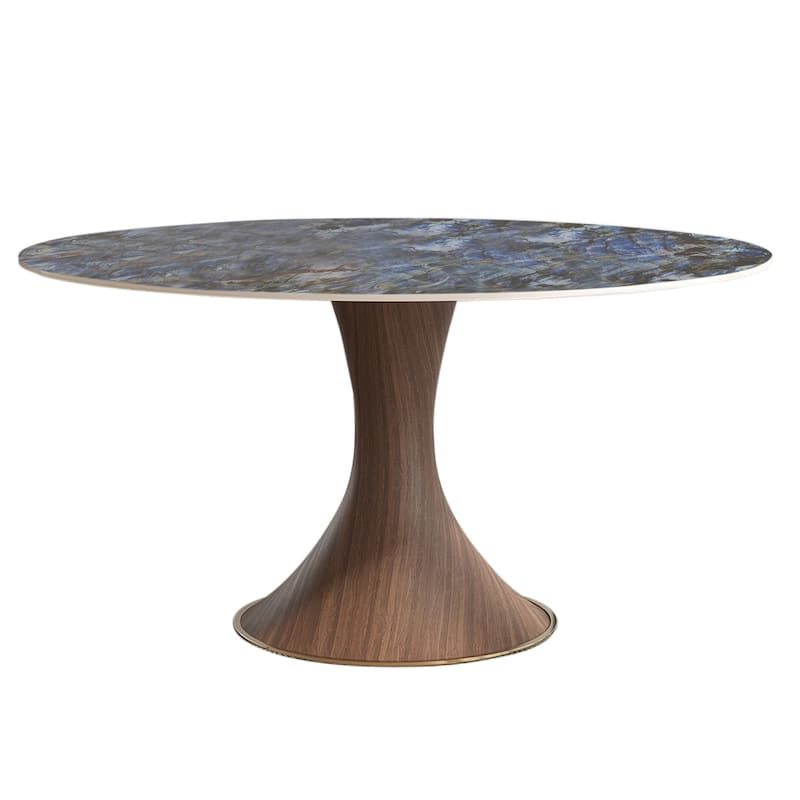 Modern Round Stone Top Black Woodgrain Pedestal Dining Table - 4 Seats - Blue