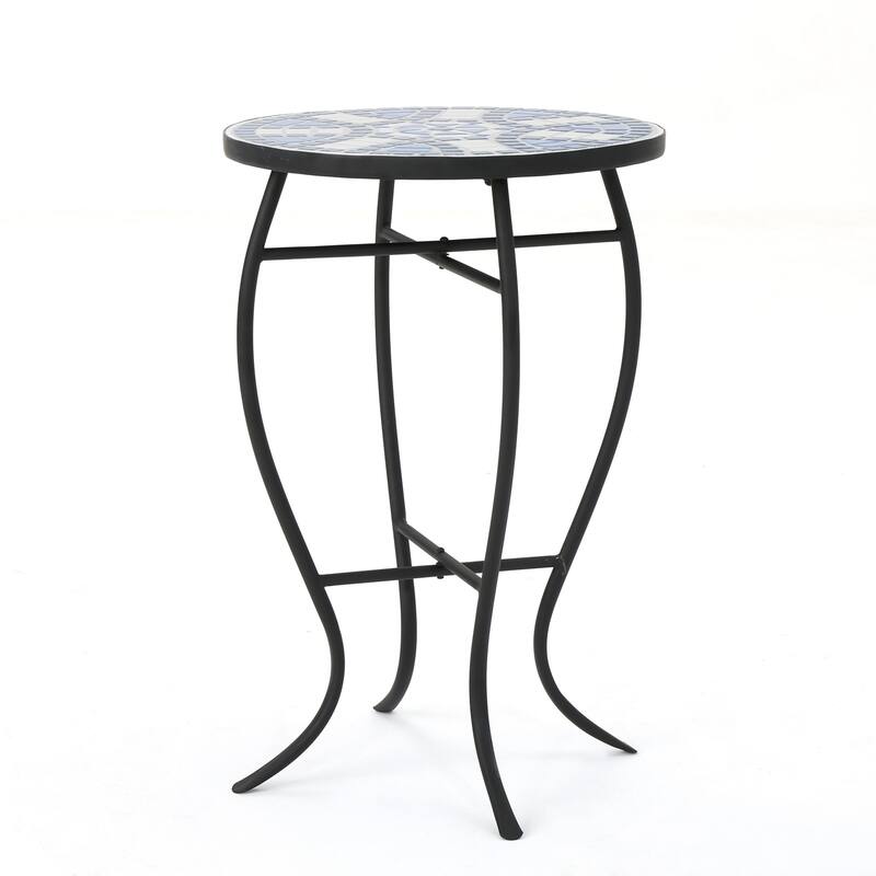 Outdoor Side End Table, 14 Inch Round Blue, White Mosaic Ceramic Top
