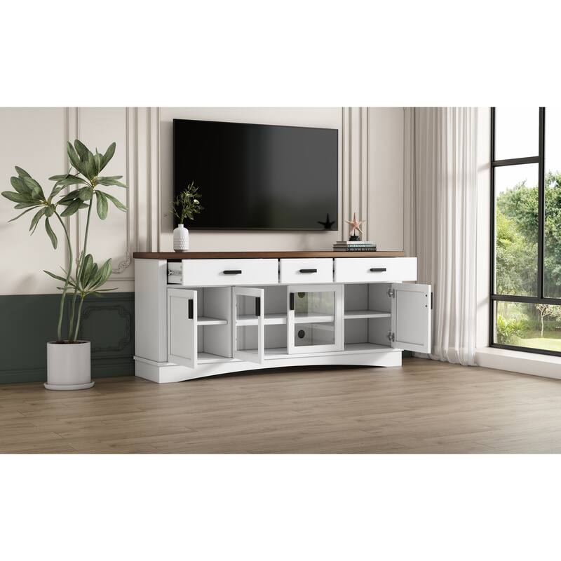 TV Console, 67" Width TV Stand, Glass Doors & Storage Drawers, Adjustable Shelves
