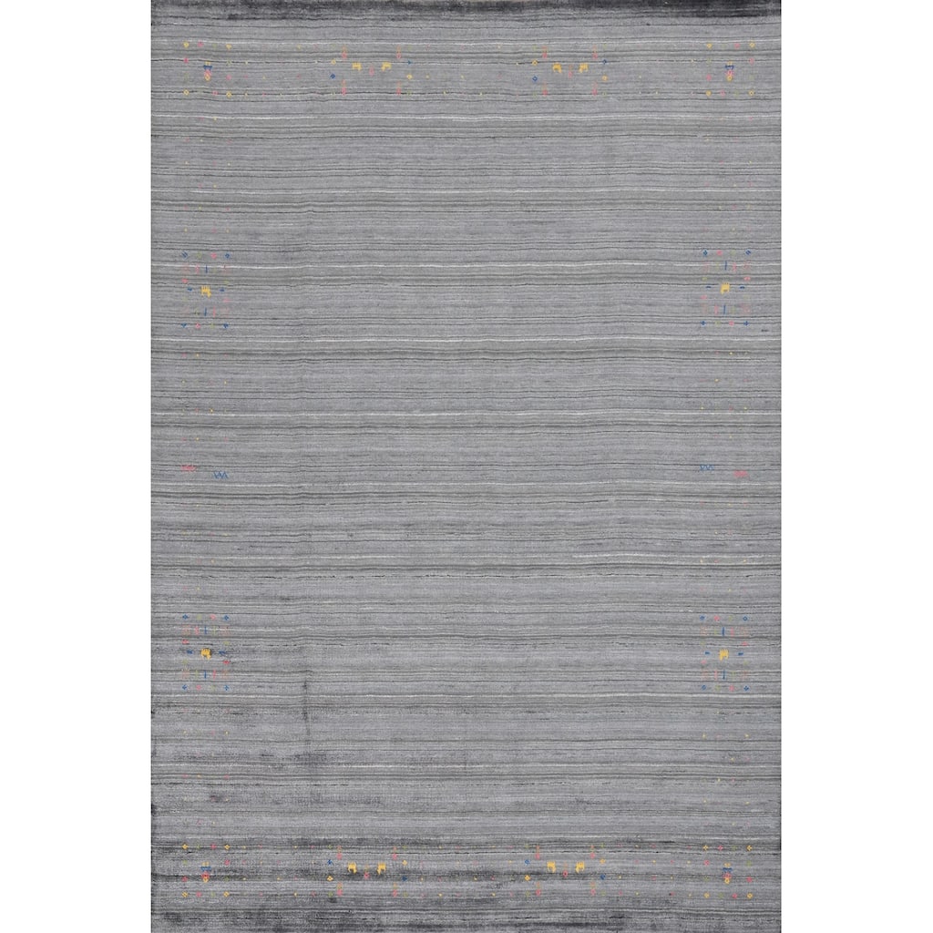 Hand Knotted Oriental Viscose Silk Carpet Tribal Animal Pictorial Greys & Charcoal Gabbeh Area Rug - 11' 10'' X 8' 11''