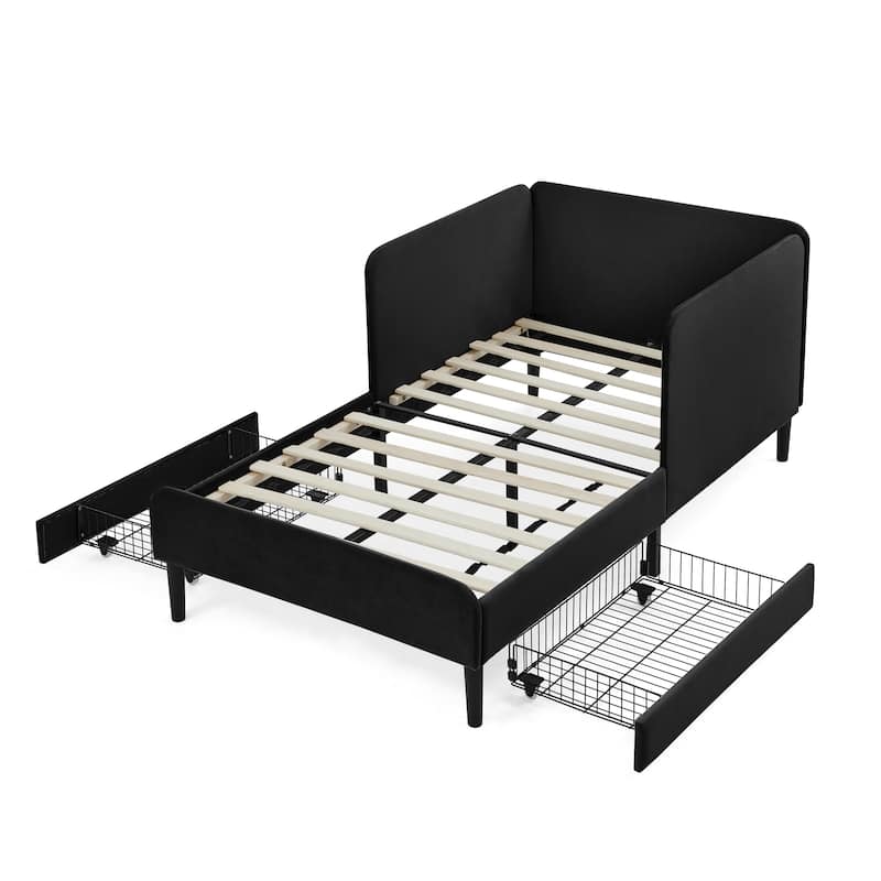 Roomfitters Twin/Full Upholstered Platform Bed with Side Backrest and Underbed Storage Trundle