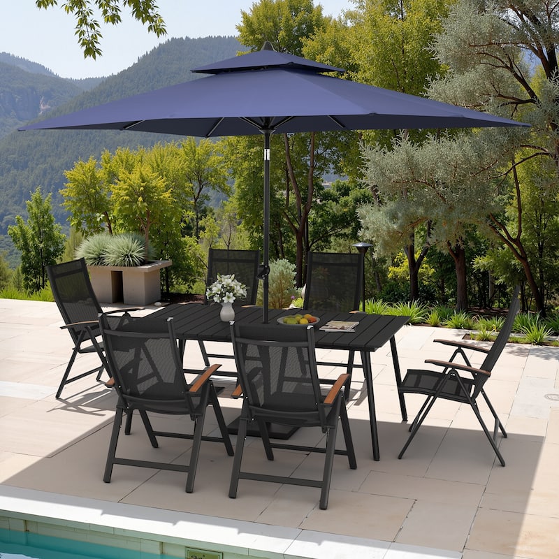 9PC Outdoor Patio Dining Set Wood-Like Aluminum Umbrella Hole Table with Folding Chairs,Double Top Market Umbrella and Base - BlackTable&BlackChairs&NavyBlueUmbrella