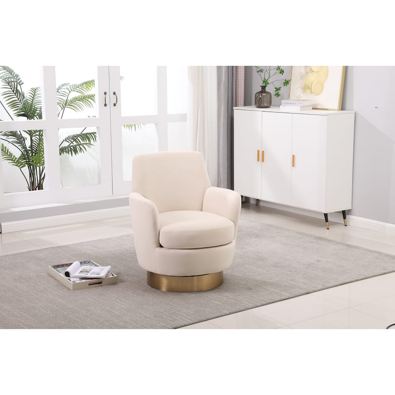 Beige Velvet Modern 29.3" Upholstered Swivel Barrel Chair with Gold Stainless Steel Base
