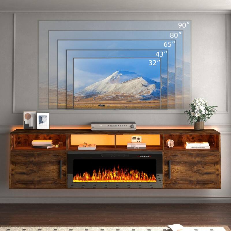 BOSSIN 80" Floating TV Stand with 36" Electric Fireplace, High Gloss Finish Wall Mounted Fireplace TV Stand with Storage