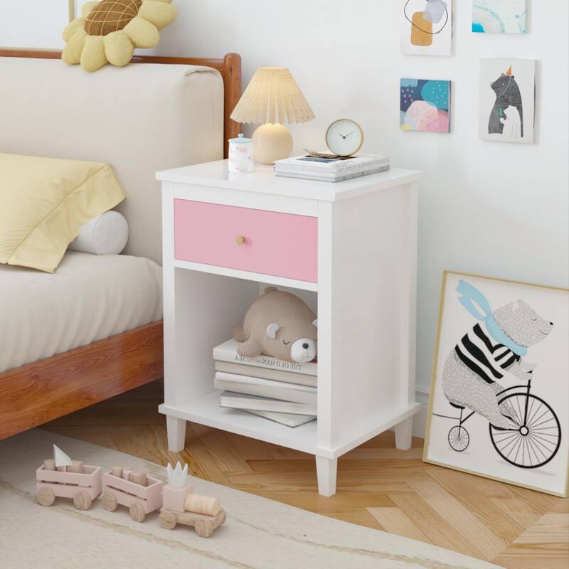 Pink and Gold Wooden Nightstand with Drawer and Shelf for Kids and Adults
