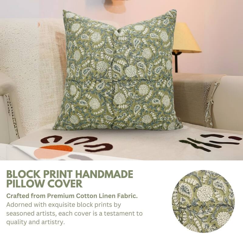 Fabdivine Handmade Dark Blue Block Print Cushion Cover Floral Linen for Living Room Sofa Chair Hotel, Home Decoration, Gopi