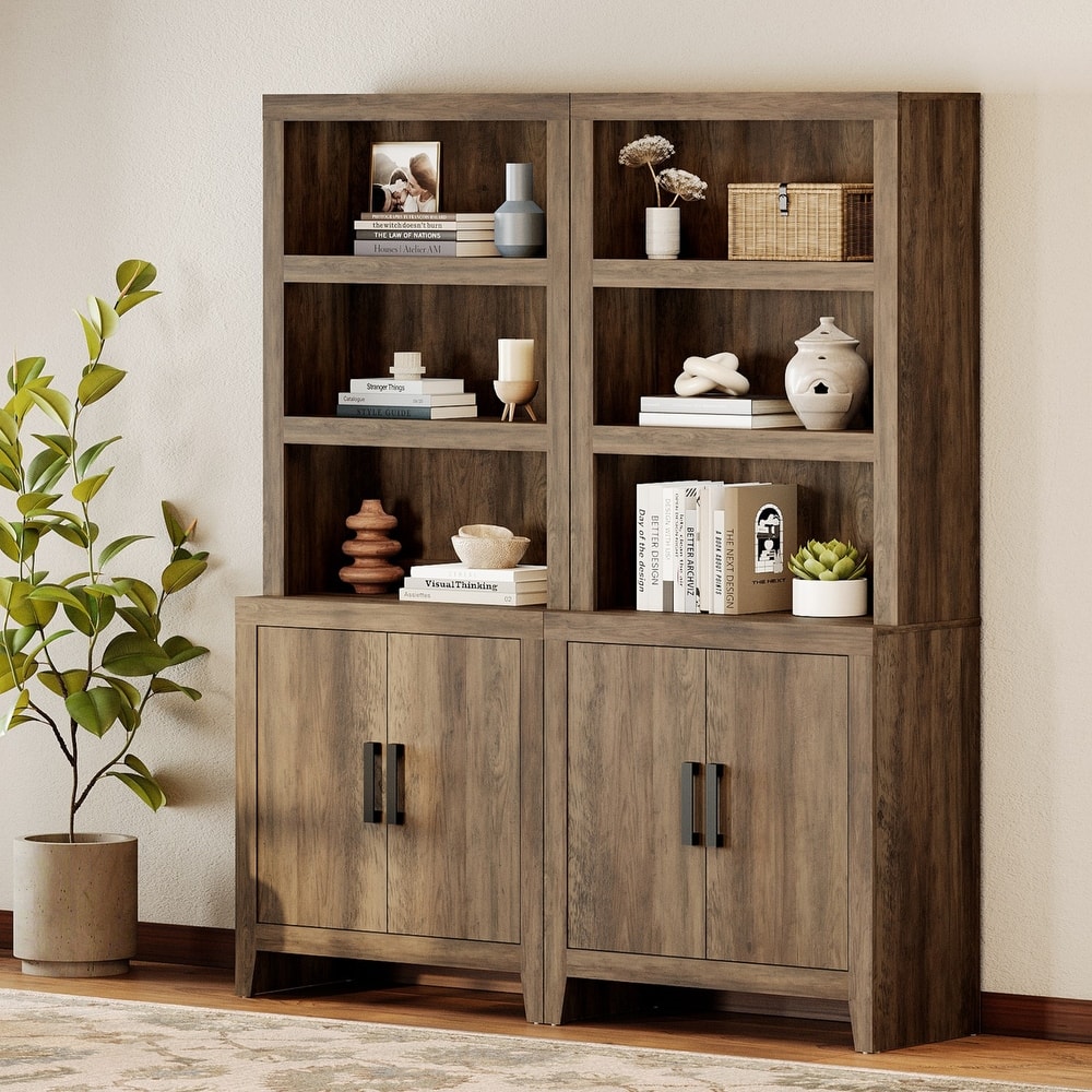 74" Tall Bookshelf with Door, Farmhouse Bookcase with Adjustable Shelf and Storage Cabinet for Living Room, Office