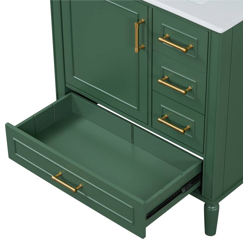 30" Freestanding Single Sink Storage Cabinet Bathroom Vanity with Gold Handles, Groove Decoration and Overflow Drain Protectio
