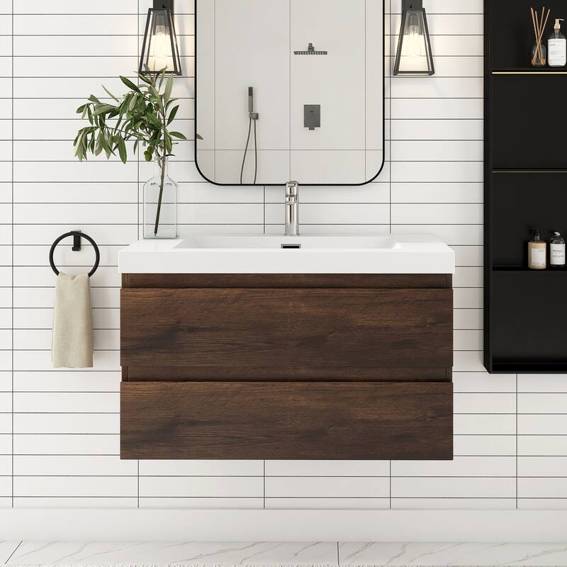 MDF Wall-Mounted Bathroom Vanity Set in Rose Wood with Integrated Culture Marble Sink - 36'' x 20''