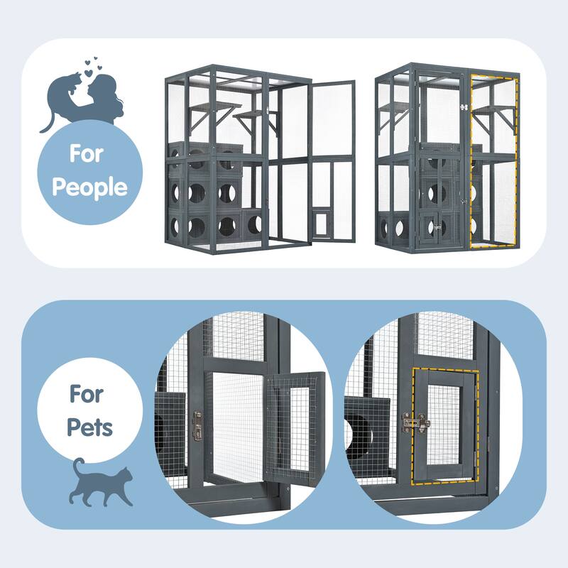Catio Outdoor Cat Enclosure, Wooden Cat House with Double Enter Doors & Climbing shelves, Cat Cage Playpen with 7 Wood Boxes