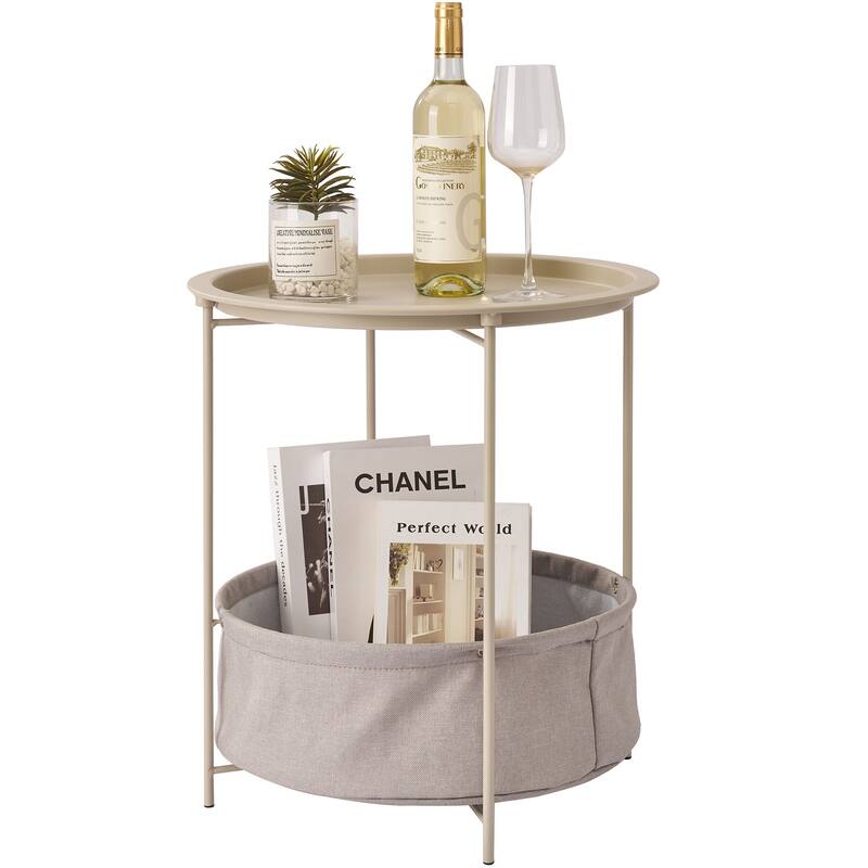 VECELO Small Round Side Table with Removable Tray & Fabric Storage Bin Easy 5-Min Assembly for Living Room Bedroom