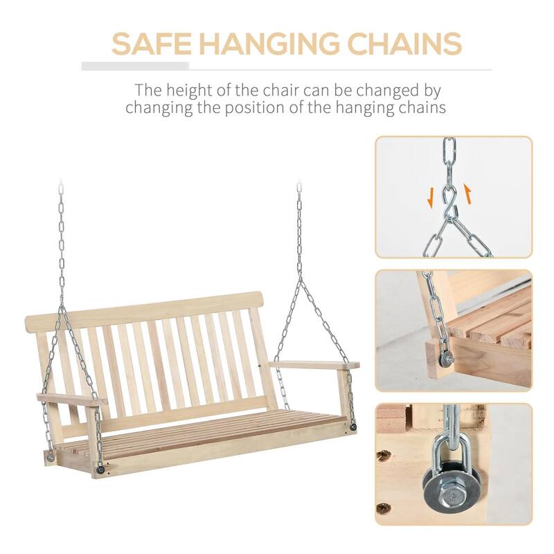 2-Seat Hanging Porch Swing, Slatted Design, Chains, 440 lbs Capacity
