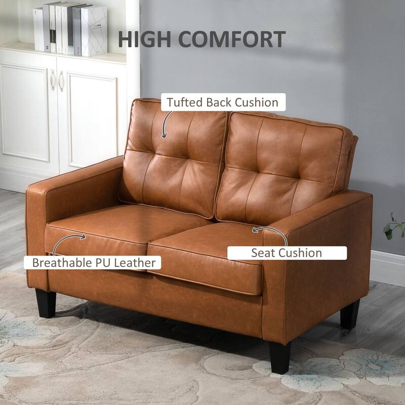 Faux Leather Upholstered Loveseat Sofa, Small Sofa Couch with Wood Legs, 2 Seater Sofa with Button Tufted Back