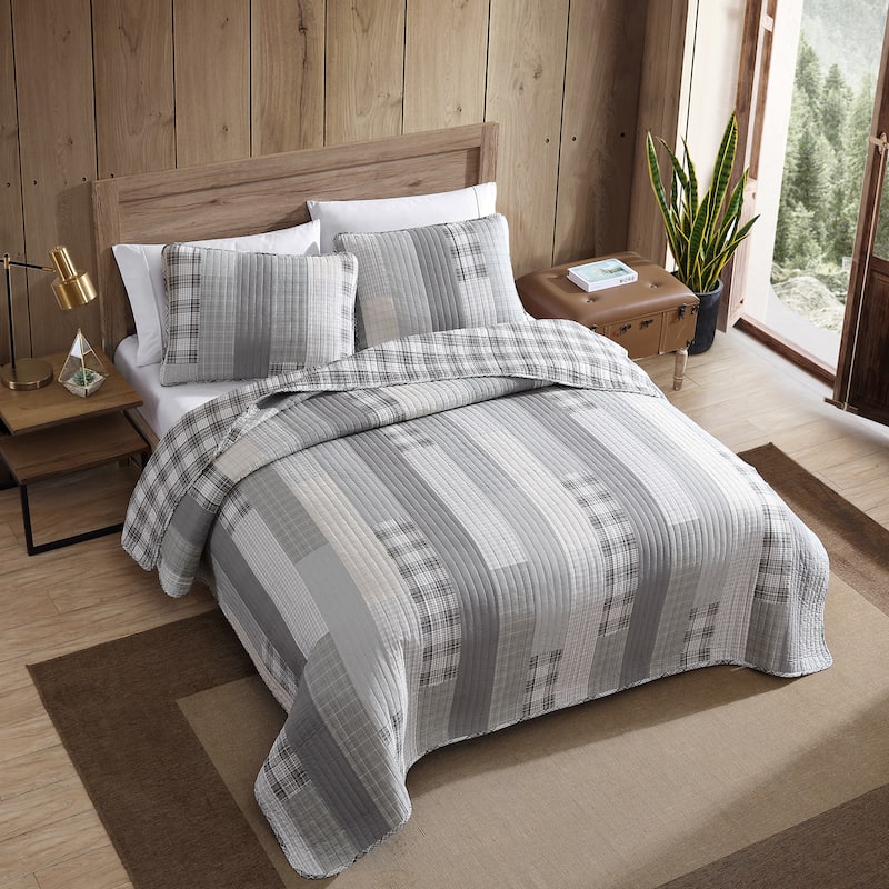 Eddie Bauer Fairview Grey Cotton Lightweight Reversible Quilt Set