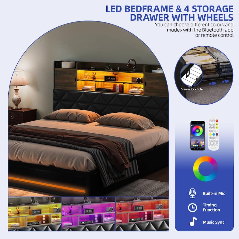 Queen/King Upholstered Bed Frame with RGB LED Lights & Storage Bookcase Headboard