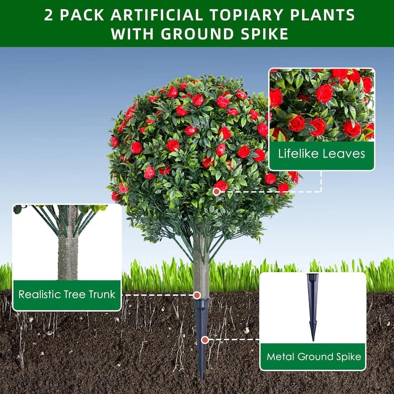 Set of 2/4 Artificial Topiary Ball Trees with Metal Stakes with Rose Flowers