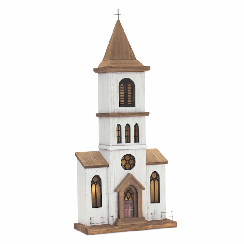HomeRoots 25" Brown And White Wood And Metal Church Tabletop Sculpture - 11' X '25.25' X '4.75
