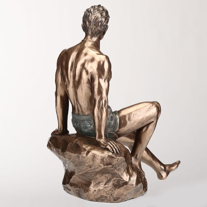8.46 inches Height Cold Cast Bronze Tattooed Male Sitting on Rock Beach Pinup Bronze Finish Figurine