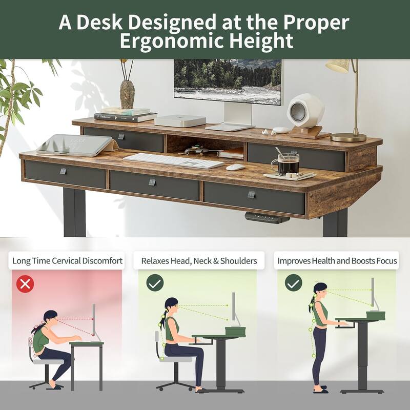FEZIBO Height Adjustable Electric Standing Desk with 5 Drawers, Table with Storage Shelf, Sit Stand Desk