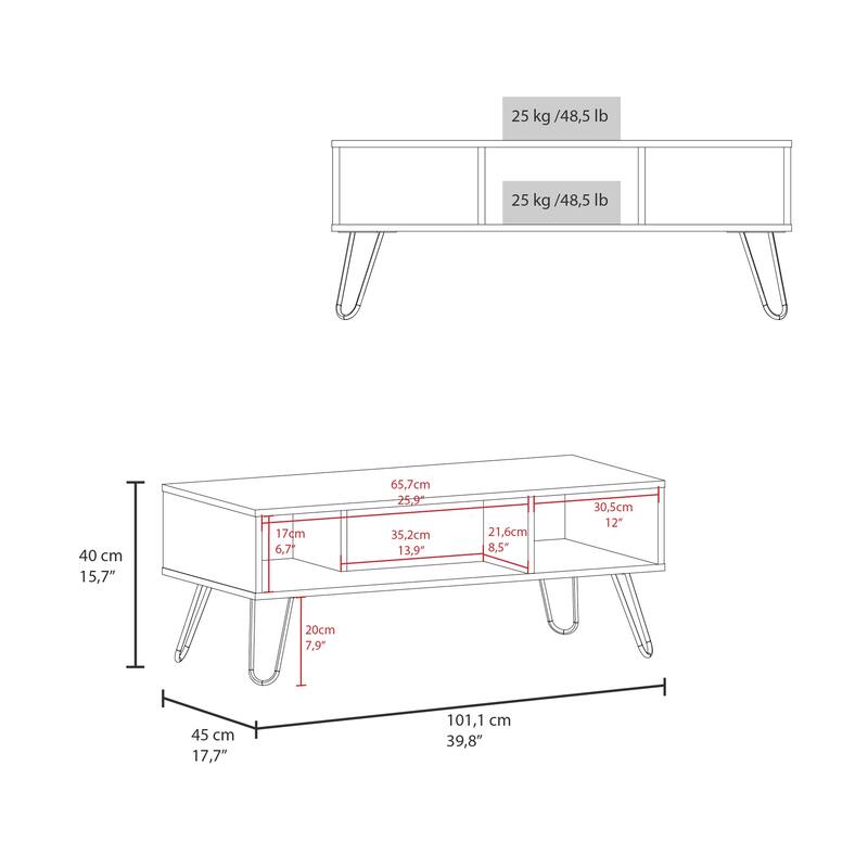 Modern Eco-Friendly Coffee Table 15.7" H, with 4 Legs and 2 Shelves, White