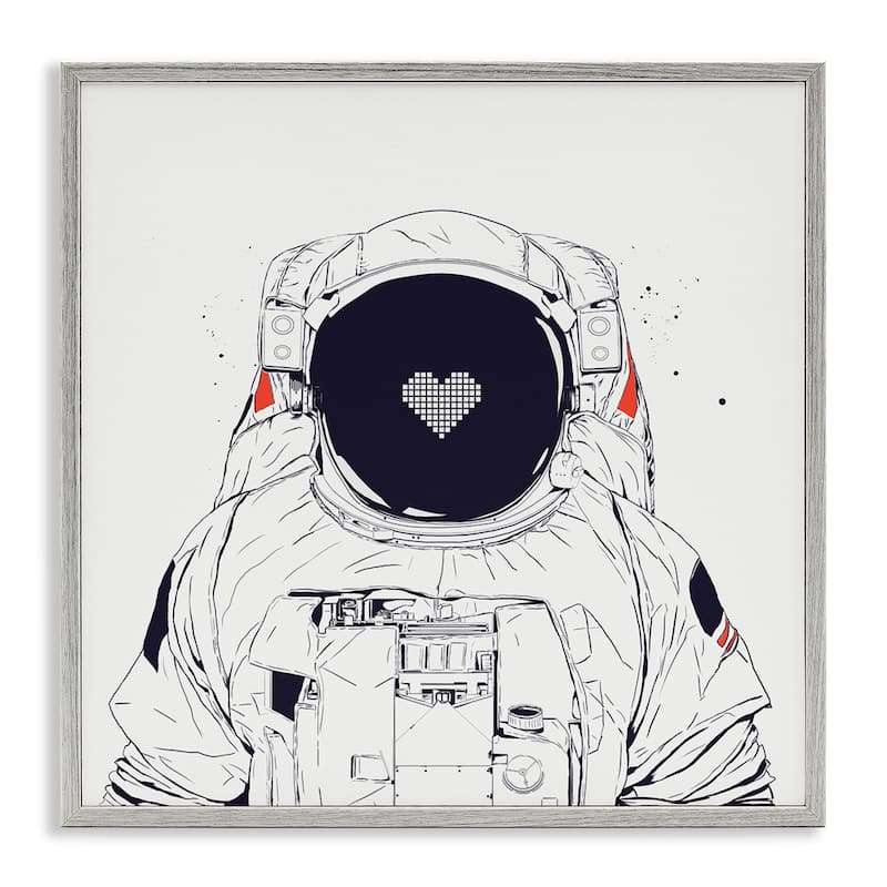 Stupell Minimal Astronaut with Heart Framed Giclee Art Design By Balazs Solti - 12 x 12 - Grey