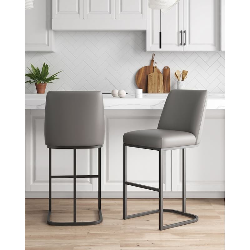 Manhattan Comfort Serena Modern Faux Leather Upholstered Counter Barstool - Set of 2 - Grey - Bar Height
