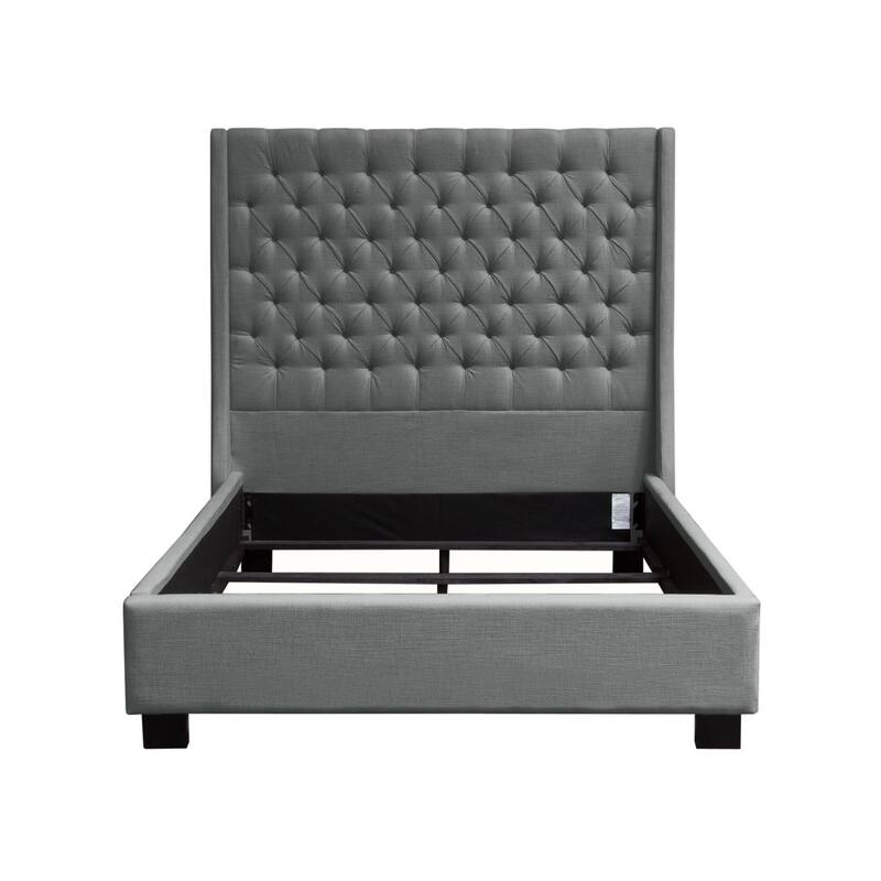 Zoa King Size Bed in Dark Gray Linen Upholstery, Wingback Headboard