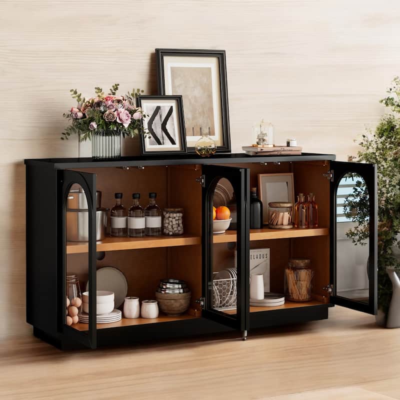 4-Door Large Storage Buffet Cabinet with Glass Doors, Adjustable Shelves and Arched Design for Kitchen, Dining Room