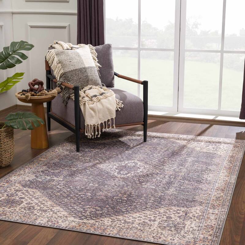 Reseca Oriental Traditional Vintage Distressed Machine Washable Area Rug - 4'10" x 5'11" - Medium Grey, Beige, Brown / Seok